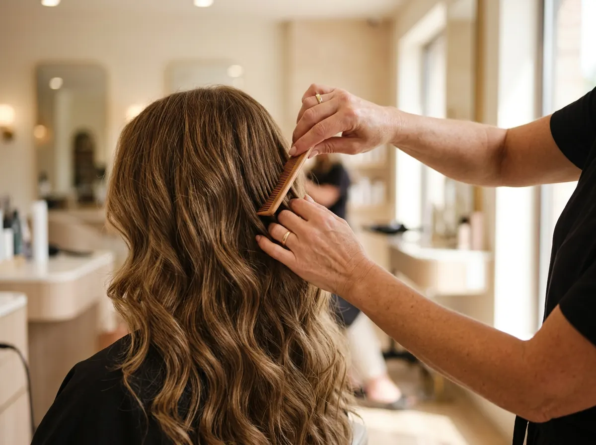Detailaufnahme: Friseurhände stylen sanft gewelltes Haar in einem hellen Salon.