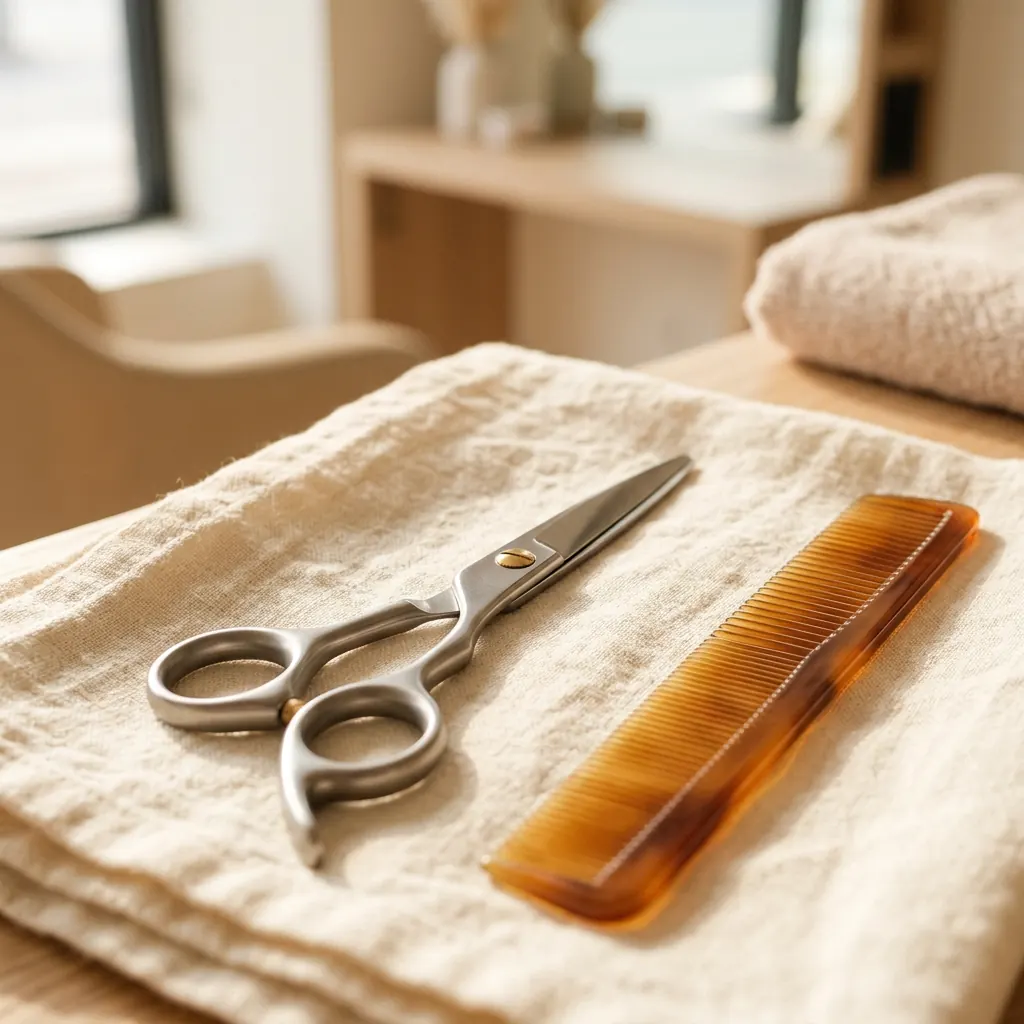 Professionelle Friseurschere und Kamm auf einem cremefarbenen Tuch.
