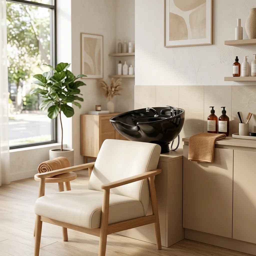 Helle, aufgeräumte Waschstation mit modernem Becken im Salon.