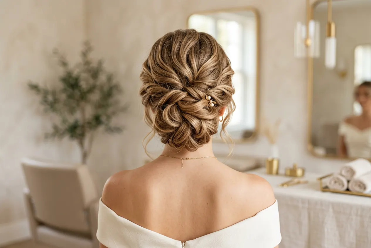 Elegante festliche Hochsteckfrisur mit weichen, hochgesteckten Locken.