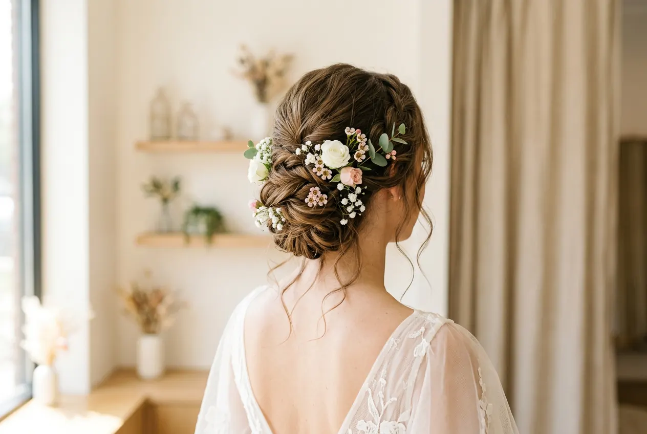 Romantische Brauthochsteckfrisur mit kleinen frischen Blüten, von hinten und seitlich.