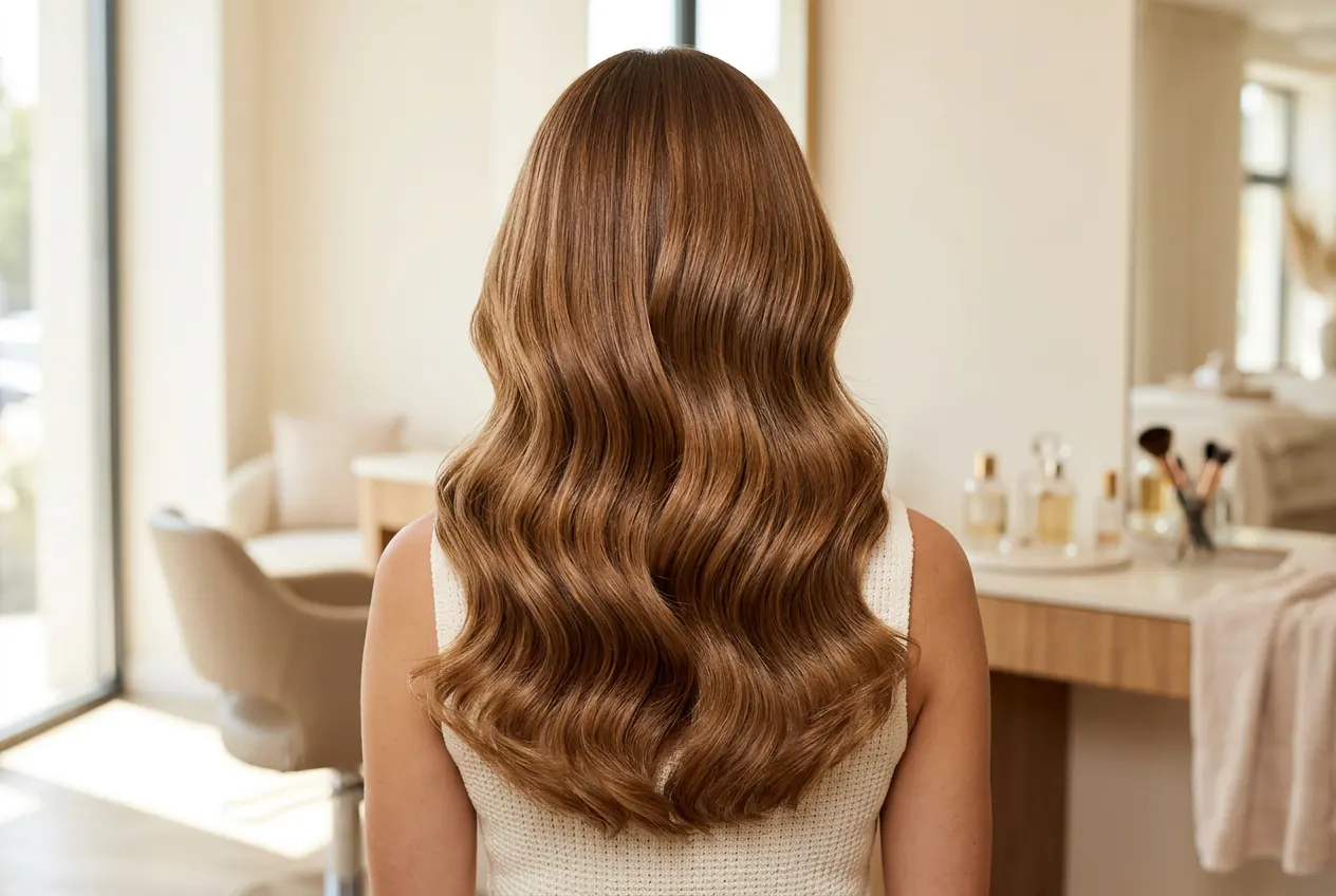 Elegant fertig gestylte Damenfrisur mit weichen Wellen, von hinten.