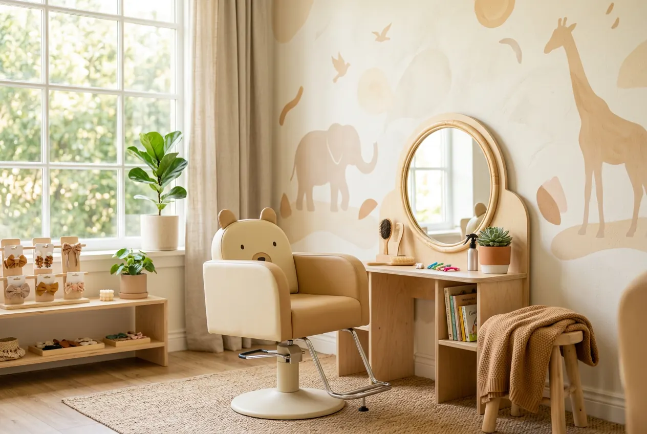Freundliche, kindgerechte Ecke im Friseursalon mit kleinem Stylingstuhl.