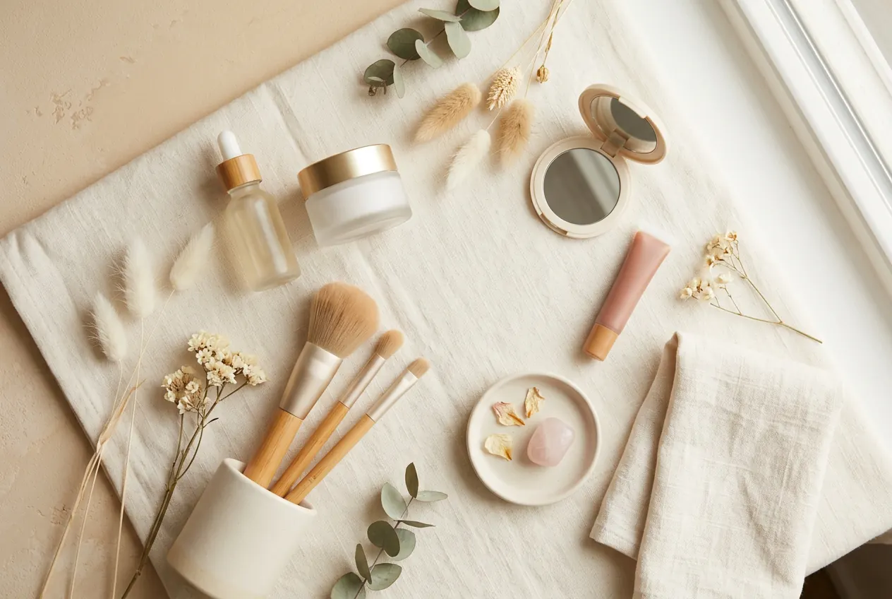 Ruhiges Kosmetik-Stillleben mit Pinseln, Pflegeprodukten und getrockneten Blumen.